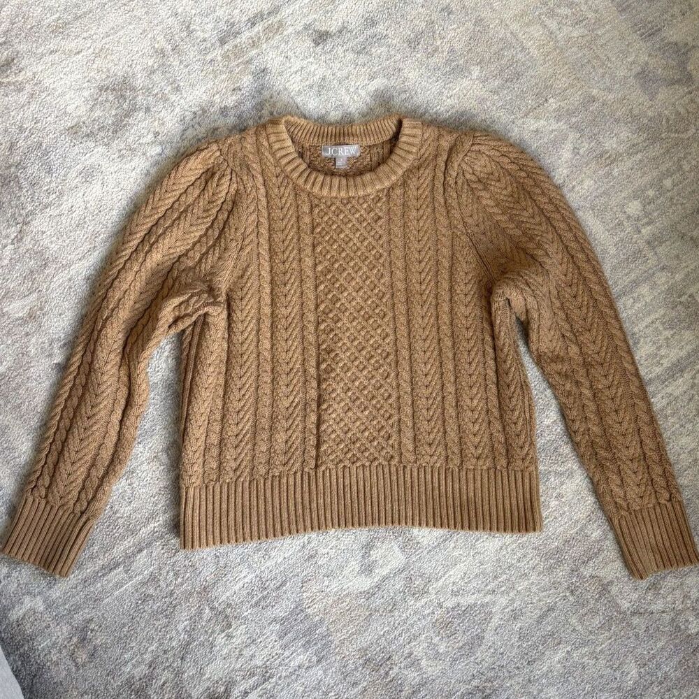 J.Crew Cable Knit Puff-Sleeve Crewneck Sweater | Small | Camel